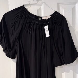 LOFT Black Beaded Yoke Peasant Dress